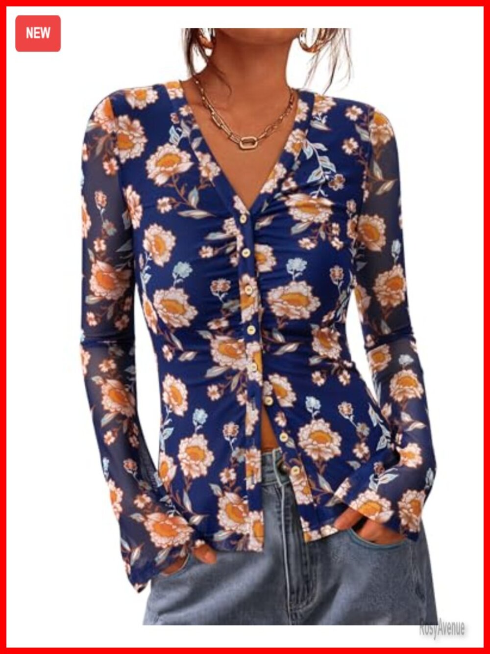 Mesh Button Down Blouse Long Sleeve V Neck Slim Fit Boho Top